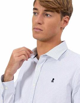 El Pulpo Camisa Popelin Blanca Minicuadro Azul Mar