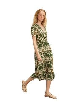 Guitare Vestido Midi Manga corta Verde estampado