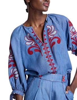 Alba Conde Blusa denim bordada en rojo