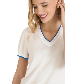 Naf Naf Jersey Blanco Ribetes azul cielo