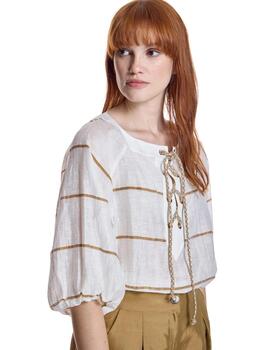Alba Conde Blusa de lino de rayas Blanca