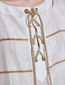 Alba Conde Blusa de lino de rayas Blanca