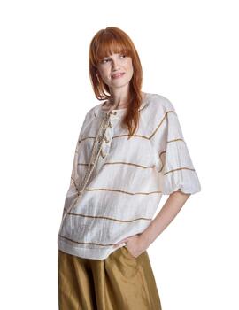 Alba Conde Blusa de lino de rayas Blanca