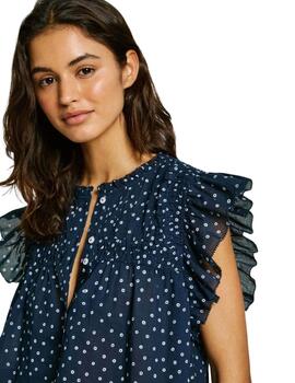 Pepe Jeans Blusa azul marino lunares con volantes