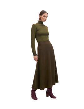 Lola Casademunt Falda Midi Crepe Evase Verde Kaki