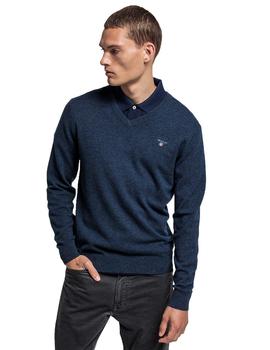 Jersey Gant Liso Pico Azulón Para Hombre