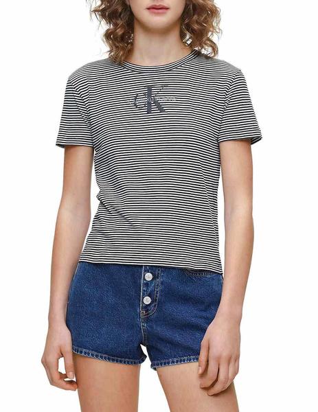 Camiseta Calvin Klein Negra con Rayas y Logo Para Mujer
