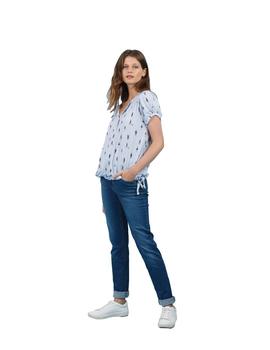 Camiseta Hongo Estampado de Rayas Blanco y Azul Para Mujer