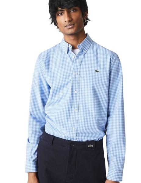 Camisa Lacoste Azul y Blanca Larga Para Hombre