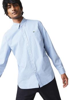 Camisa Lacoste Azul y Blanca Manga Larga Para Hombre