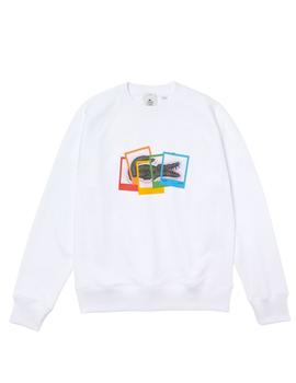 Sudadera Lacoste Blanca  Logo Y Marcos PolaroidPara Hombre