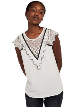 Camiseta Naf Naf Blanca y Negra con Puntilla Para Mujer