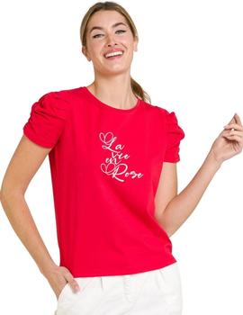 Camiseta Naf Naf Roja Manga Fruncida Para Mujer