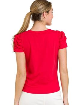 Camiseta Naf Naf Roja Manga Fruncida Para Mujer