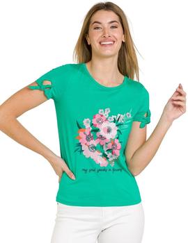 Camiseta Naf Naf Verde Flores y Bordados Para Mujer