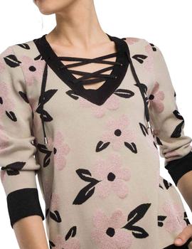 Jersey Alba Conde Negro y Beige Flores Para Mujer