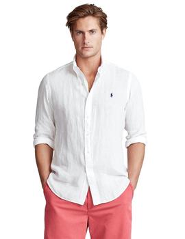 Camisa Ralph Lauren Lino Blanca Logo Marino Para Hombre