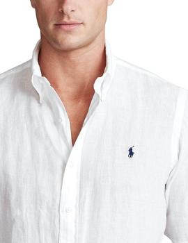 Camisa Ralph Lauren Lino Blanca Logo Marino Para Hombre