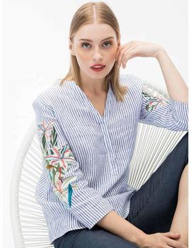 Camisa Vilagallo Otilia Bordada Blue Stripe Para Mujer