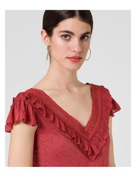 Camiseta Naf Naf Volantes Y Crochet Rojo Para Mujer