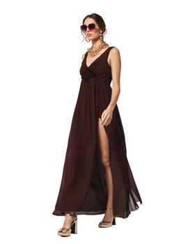 Oky Vestido Corto Escote Pico-Gasa  Marron