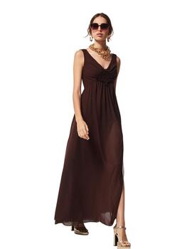 Oky Vestido Corto Escote Pico-Gasa  Marron