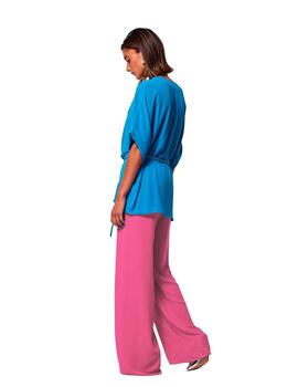Oky Pantalón Palazzo Goma Cintura-Gasa  Rosa Fluor