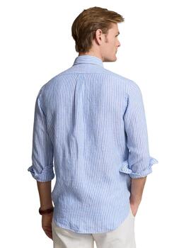 Ralph Lauren Camisa de lino de rayas Custom Fit Azul Blanco